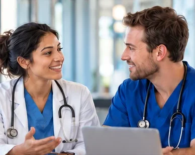 Two physicians talking through career options